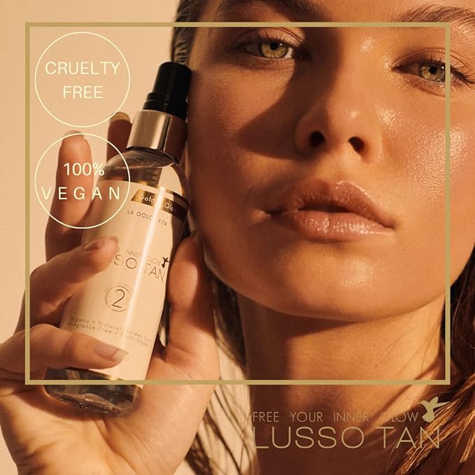 Lusso Tan Golden Glow Mist for Face and Hands – Light, Organic, Vegan and Cruelty-Free Tinted Gradual Self-Tanning Spray in Natural Golden Tan with Vitamins. Instant-drying, Streak-Free. - British D'sire