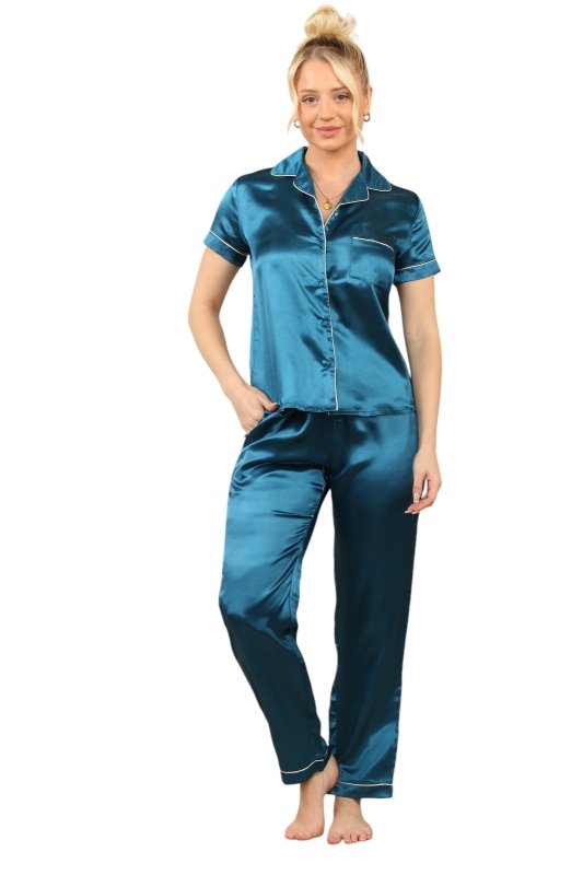 Luxurious Royal Blue Satin Pajama Set for Women - Loungewear pjs - British D'sire