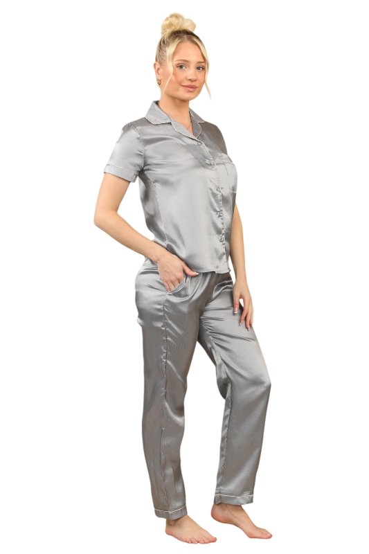 Luxurious Silver Satin Sleepwear - Loungewear pjs - British D'sire