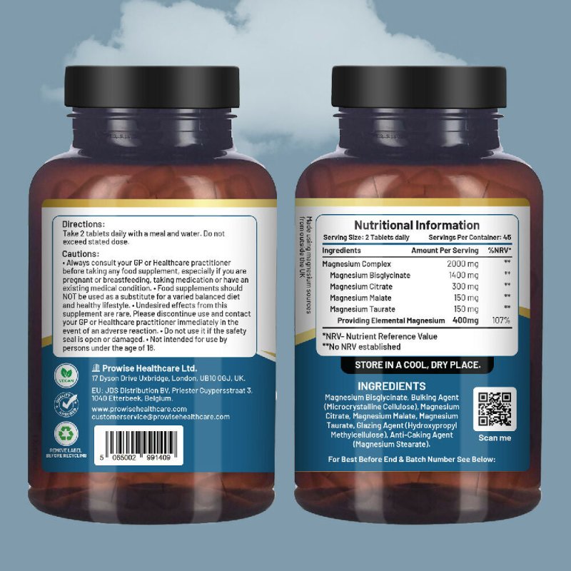 Magnesium Glycinate Complex 4 in 1 - 2000mg per serving | Precise 400mg Elemental Magnesium dose | Added Magnesium Bisglycinate, Citrate, Malate & Taurate | 90 Vegan Tablets - by Prowise - Tablets - British D'sire