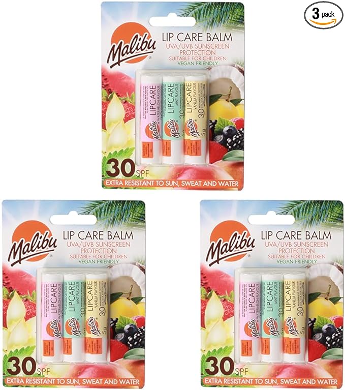 Malibu Sun SPF 30 Lip Balm Sunscreen, Watermelon, Mint and Vanilla, 3 x 5g (Pack of 3) - British D'sire