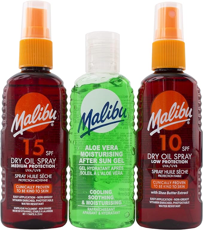 Malibu Sun Travel Essentials, Dry Oil Sprays and Soothing Aloe Vera Aftersun Gel, Medium Protection, Water Resistant, SPF 10 and 15, Multipack, 3 x 100ml - British D'sire