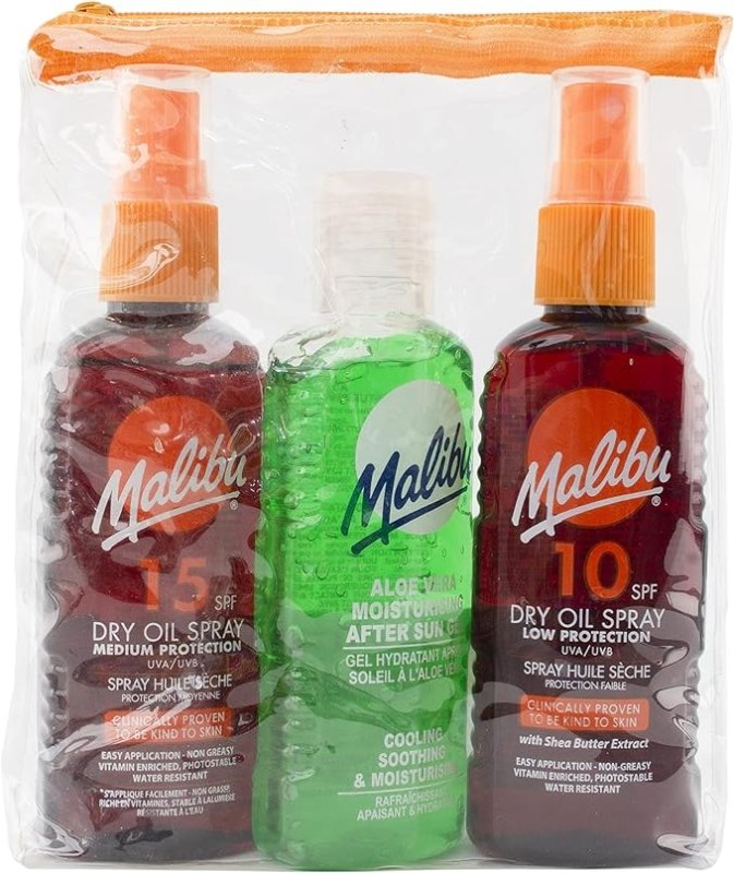 Malibu Sun Travel Essentials, Dry Oil Sprays and Soothing Aloe Vera Aftersun Gel, Medium Protection, Water Resistant, SPF 10 and 15, Multipack, 3 x 100ml - British D'sire