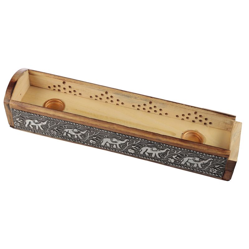 Mango Wood Elephant Inlay Sliding Lid Incense Box - British D'sire