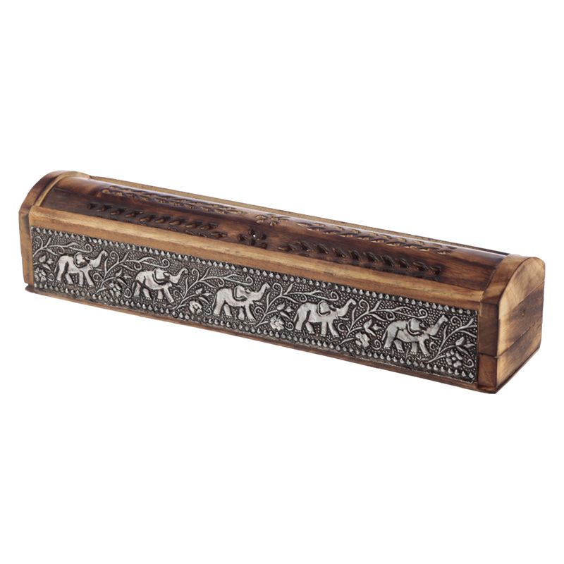 Mango Wood Elephant Inlay Sliding Lid Incense Box - British D'sire