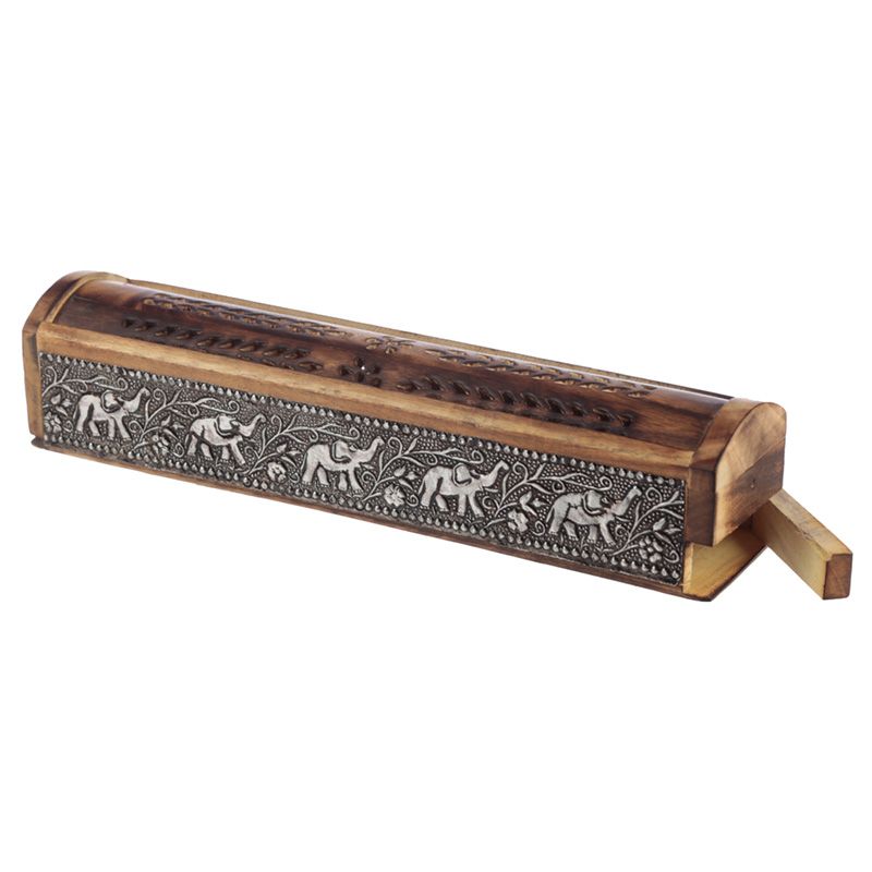 Mango Wood Elephant Inlay Sliding Lid Incense Box - British D'sire