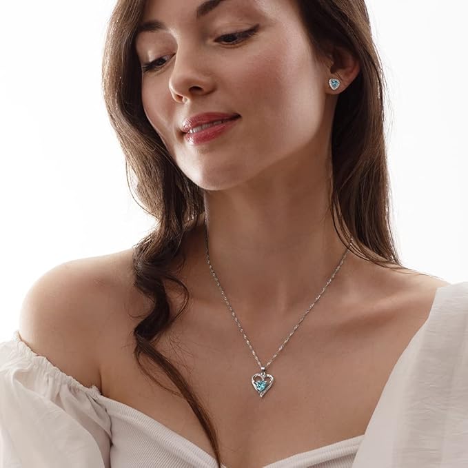 Mara DEPHINI - Heart Necklace - 925 Sterling Silver - Aquamarine Birthstone - Crystal Pendant - Fine Jewellery 18" - Rhodium Chain - A+ Cubic Zirconia - Necklaces & Pendants - British D'sire