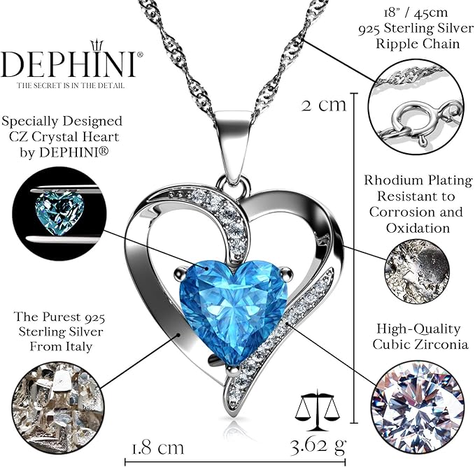 Mara DEPHINI - Heart Necklace - 925 Sterling Silver - Aquamarine Birthstone - Crystal Pendant - Fine Jewellery 18" - Rhodium Chain - A+ Cubic Zirconia - Necklaces & Pendants - British D'sire