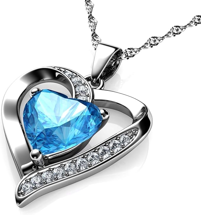 Mara DEPHINI - Heart Necklace - 925 Sterling Silver - Aquamarine Birthstone - Crystal Pendant - Fine Jewellery 18" - Rhodium Chain - A+ Cubic Zirconia - Necklaces & Pendants - British D'sire