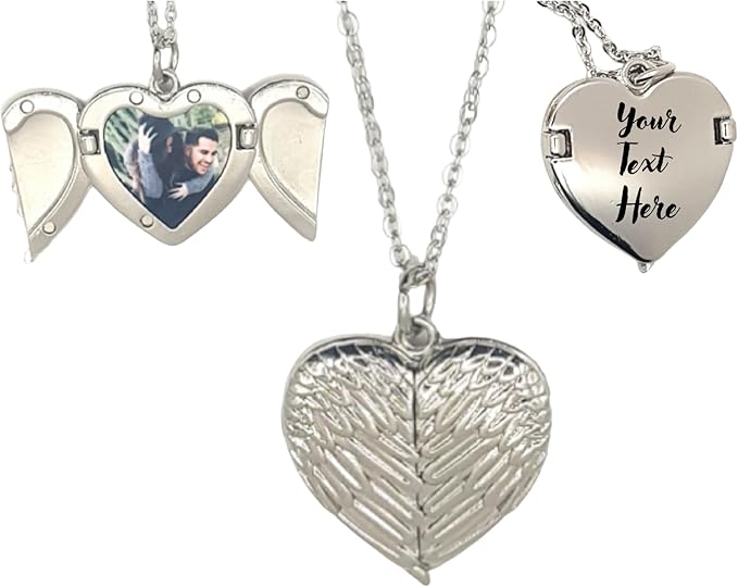 Mara With Your Touch Personalised Engraved Photo Locket Necklace - Silver Heart - Angel Wings - Necklaces & Pendants - British D'sire