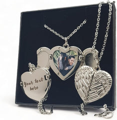 Mara With Your Touch Personalised Engraved Photo Locket Necklace - Silver Heart - Angel Wings - Necklaces & Pendants - British D'sire