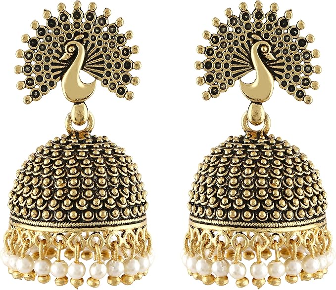 MEENAZ Traditional Wedding Temple Jewellery 22kt Gold oxidised Meenakari Ethnic Antique South Indian Round Pearl Feather Peacock Jhumka Earrings set For Women - M572, big heavy large, Brass Copper - Jewellery & Watches - British D'sire