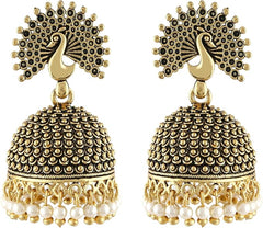 MEENAZ Traditional Wedding Temple Jewellery 22kt Gold oxidised Meenakari Ethnic Antique South Indian Round Pearl Feather Peacock Jhumka Earrings set For Women - M572, big heavy large, Brass Copper - Jewellery & Watches - British D'sire