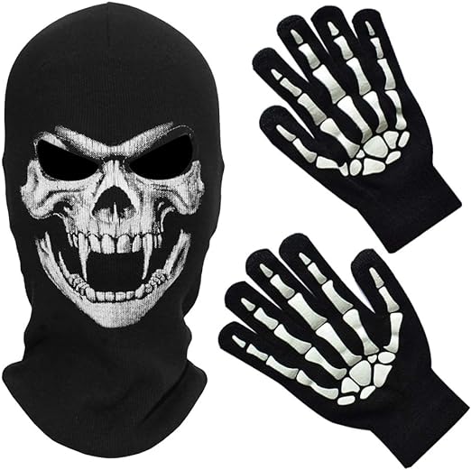 MELOP Full Face Skeleton Skull Ghost Halloween Balaclava Face Mask for Cosplay Costume Cycling Outdoor Sport With Skeleton Pattern Gloves - Face Masks - British D'sire