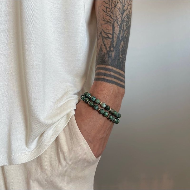 Mens Gold Tone African Turquoise Double Wrap Crystal Bracelet - Bracelets - British D'sire