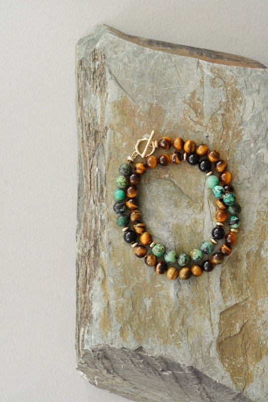 Mens Gold Tone African Turquoise Tigers Eye and Black Onyx Double Wrap Bracelet - Bracelets - British D'sire