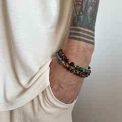 Mens Gold Tone African Turquoise Tigers Eye and Black Onyx Double Wrap Bracelet - Bracelets - British D'sire