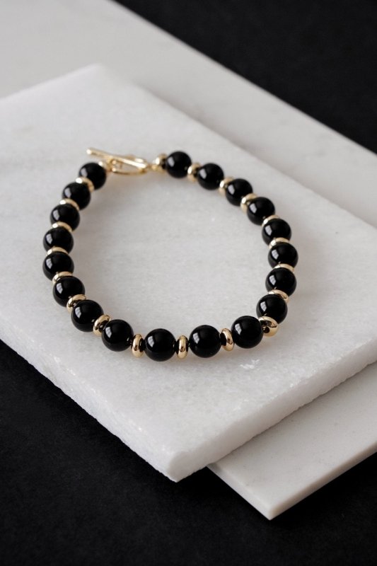 Mens Gold Tone Black Onyx Crystal Bracelet - Bracelets - British D'sire