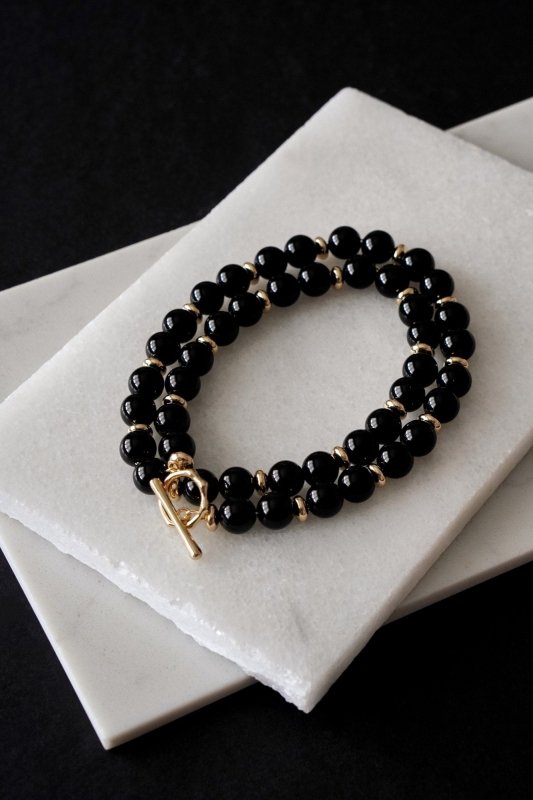 Mens Gold Tone Black Onyx Double Wrap Crystal Bracelet - Necklaces - British D'sire