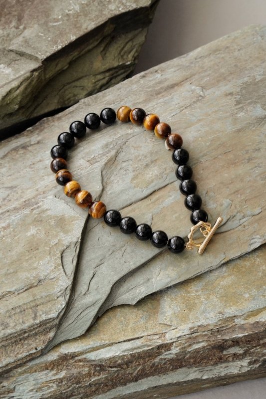 Mens Gold Tone Tigers Eye and Black Onyx Crystal Bracelet - Bracelets - British D'sire