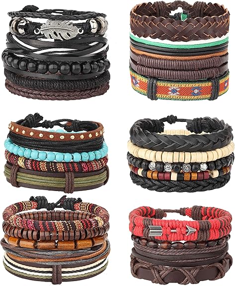 MILACOLATO 26Pcs Woven Braided Leather Bracelet for Men Women Hemp Cords Wood Beads Cuff Bracelets Adjustable - Bracelets - British D'sire