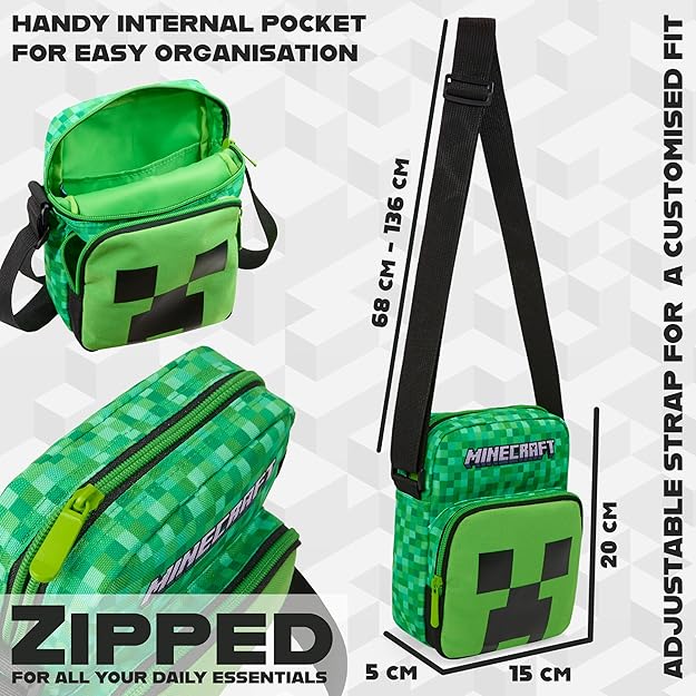 Minecraft Kids Shoulder Bag, Creeper Crossbody Bag with Adjustable Strap - Gamer Gifts for Boys - Bags & Accessories - British D'sire