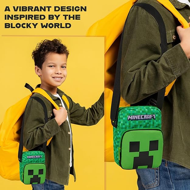 Minecraft Kids Shoulder Bag, Creeper Crossbody Bag with Adjustable Strap - Gamer Gifts for Boys - Bags & Accessories - British D'sire