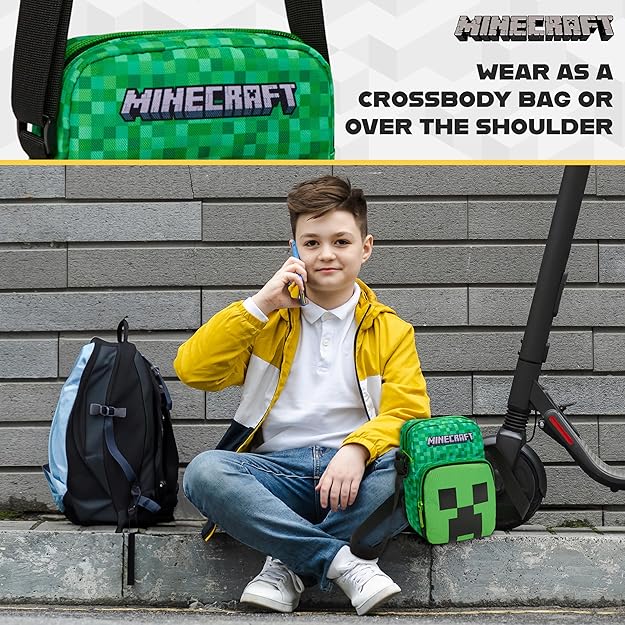 Minecraft Kids Shoulder Bag, Creeper Crossbody Bag with Adjustable Strap - Gamer Gifts for Boys - Bags & Accessories - British D'sire