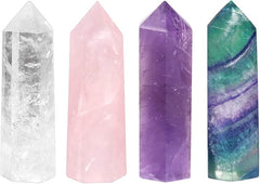 mookaitedecor Natural Healing Crystal Wands Set of 4, Quartz Crystal Stone Hexagonal Point for Chakra Meditation Wiccan Witchcraft Decor Gift, Amethyst & Clear Quartz & Rose Quartz & Rainbow Fluorite - Gemstones - British D'sire