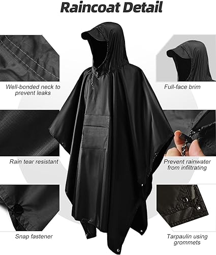 MOXTOYU Waterproof Poncho Adult Big Size Lightweight Reusability Waterproof Ponchos for Men and Women Suitable for Outdoor Hiking Camping Cycling Traveling Waterproof Raincoat Black - British D'sire