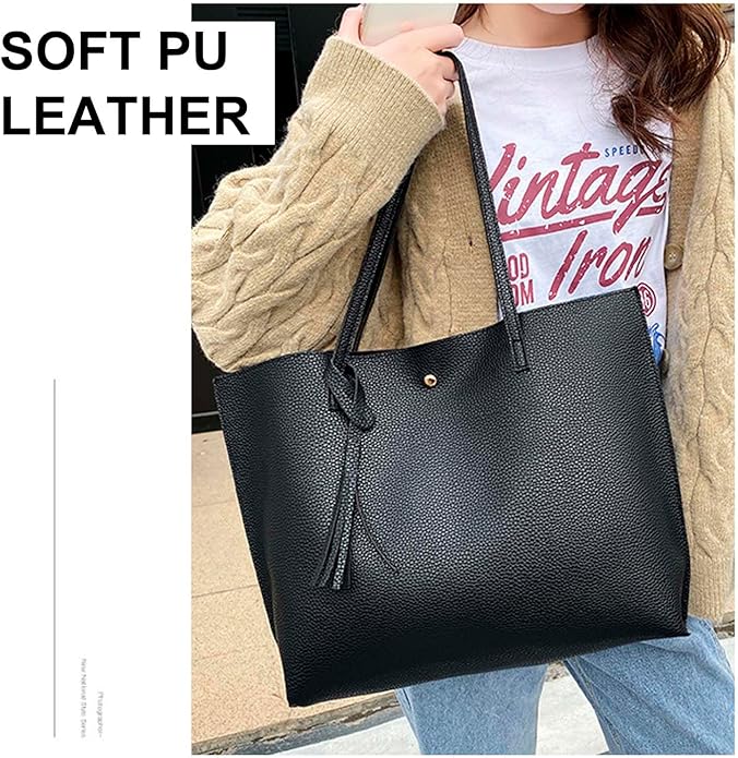 MUNSKT Black Tote Bag for Ladies, Soft Leather Large Capacity Waterproof Modern Handbag with Inner Pocket for Work School Shopping Leisure - British D'sire