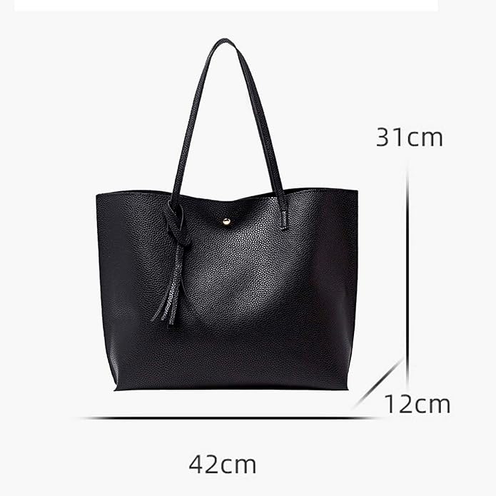 MUNSKT Black Tote Bag for Ladies, Soft Leather Large Capacity Waterproof Modern Handbag with Inner Pocket for Work School Shopping Leisure - British D'sire