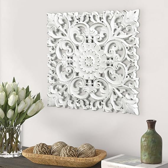 Musanpou Unique Hand Carved Wooden Wall Panels with Hanging Floral Decorations - Rustic Farmhouse Living Room and Bedroom Wall Decoration - Home Decor & Furniture - British D'sire