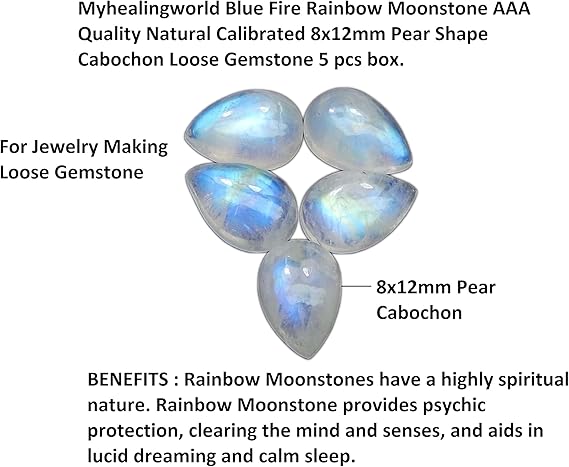 Myhealingworld Blue Fire Rainbow Moonstone AAA Quality Natural Calibrated 8x12mm Pear Shape Cabochon Loose Gemstone 5 pcs box. Brand: Myhealingworld - Gemstones - British D'sire