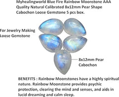 Myhealingworld Blue Fire Rainbow Moonstone AAA Quality Natural Calibrated 8x12mm Pear Shape Cabochon Loose Gemstone 5 pcs box. Brand: Myhealingworld - Gemstones - British D'sire