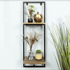 Narrow 2 Tier Dark OAK Floating Wall Shelf with Black Frame - PARGI - Shelves - British D'sire