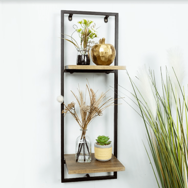 Narrow 2 Tier Dark OAK Floating Wall Shelf with Black Frame - PARGI - Shelves - British D'sire