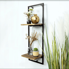 Narrow 2 Tier Dark OAK Floating Wall Shelf with Black Frame - PARGI - Shelves - British D'sire