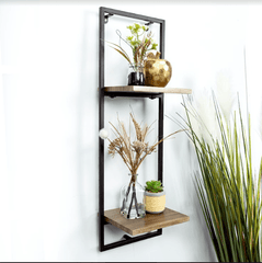 Narrow 2 Tier Dark OAK Floating Wall Shelf with Black Frame - PARGI - Shelves - British D'sire