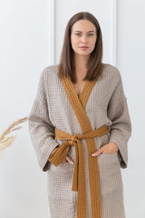 Natural and Amber linen waffle robe two tones - Two tones Robes - British D'sire