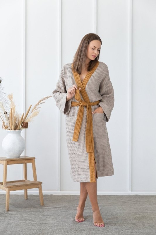 Natural and Amber linen waffle robe two tones - Two tones Robes - British D'sire