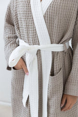 Natural and White linen waffle robe two tones - Two tones Robes - British D'sire