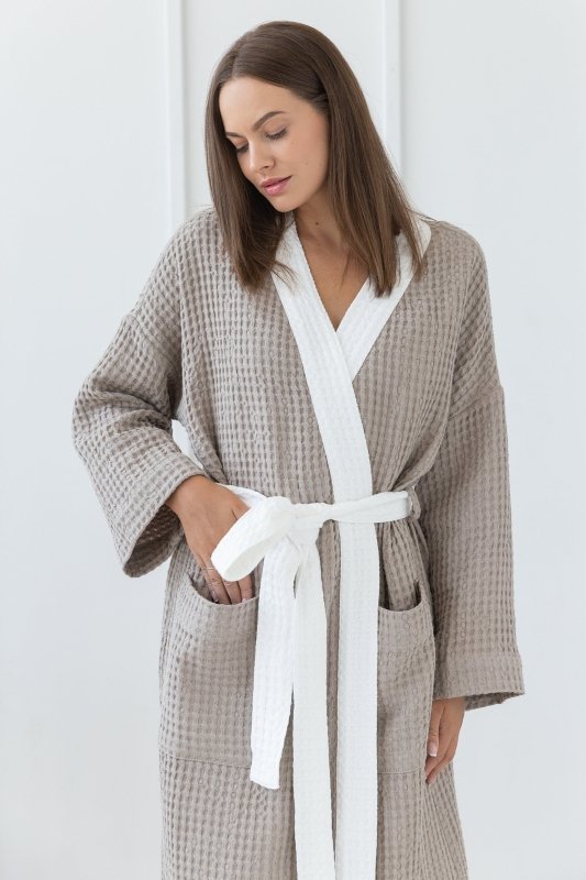 Natural and White linen waffle robe two tones - Two tones Robes - British D'sire