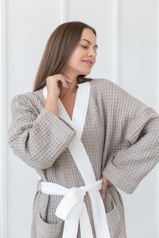 Natural and White linen waffle robe two tones - Two tones Robes - British D'sire