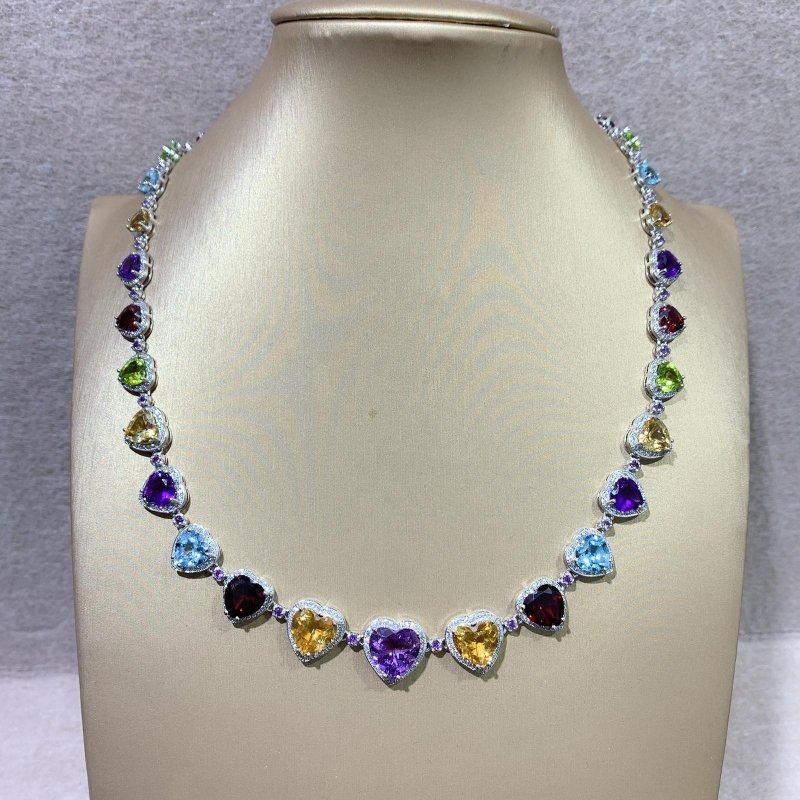 Natural Heart Shaped Tennis Necklace with Semi - Precious Gemstones & CZ - Elegant Jewelry for Women - Amethyst, Citrine, Red Garnet, Blue Topaz, Olivine, White and Purple CZ in Prong and Halo Setting on 925 Silver (33 Stones, 53 ct) with multi dimensions - Necklace - British D'sire