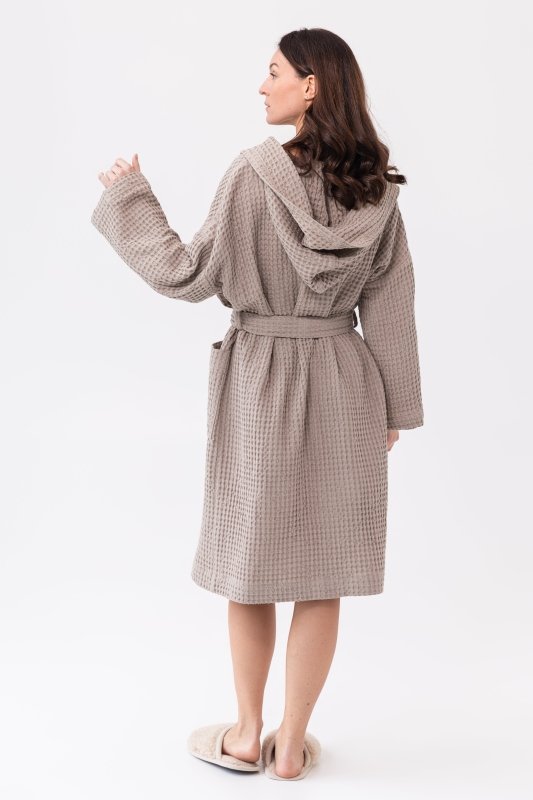 Natural linen waffle robe with hoodie - Robes with hoodie - British D'sire