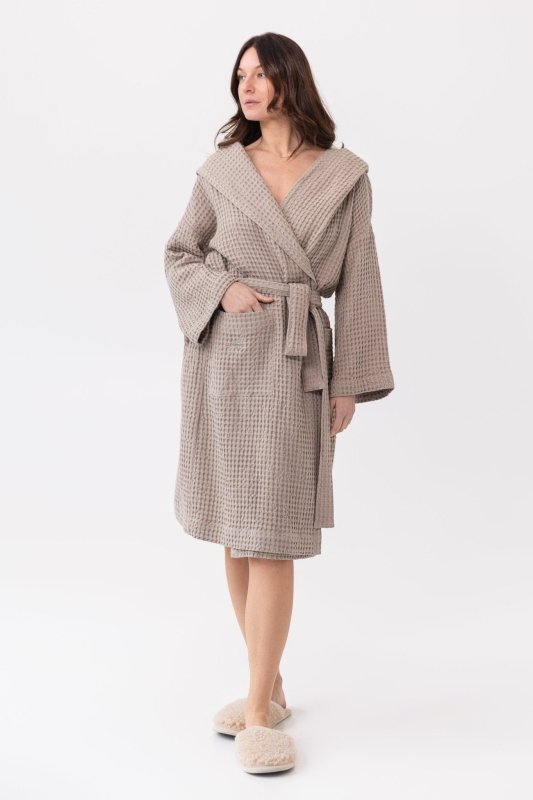 Natural linen waffle robe with hoodie - Robes with hoodie - British D'sire