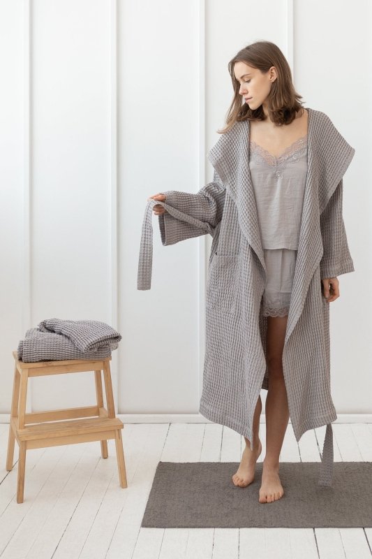 Natural linen waffle robe with hoodie - Robes with hoodie - British D'sire