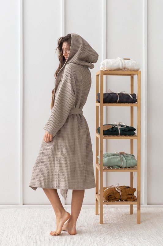 Natural linen waffle robe with hoodie - Robes with hoodie - British D'sire