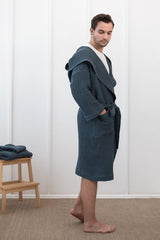 Navy Blue linen waffle robe with hoodie - Robes with hoodie - British D'sire